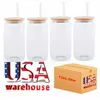 US Warehouse 16oz Sublimation Glass Beer Mugs with Bamboo Lid Straw DIY Blanks Frosted Clear Can can على شكل أكواب من الكوكتيل نقل الحرارة TT0119