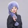 BERETS FXFUR Cappelli di pelliccia autentica Rex Top Long Sciarpa con cappelli femminili inverno Pompom Cappelli russi bombardieri russi