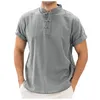 Casual shirts voor heren mannen korte mouw linnen shirtsbraakbare heren baggy slank fit vast katoenen heren pullover tops blouse 2023