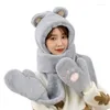 Berets Cute Bear Style Warm Hooded Scarf For Commute 3 In 1 Scarves Winter Hood Hat Glove Ladies