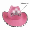 Breda brim hattar brev cowboy hatt kvinnor flicka rosa paljetter tiara cowgirl cap semester cosplay party western stil