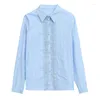 Damesblouses dames herfst kanten splitsing katoenen shirt dames lange mouw elegante linnen blouse top blusas blauw wit