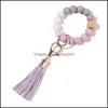 Nyckelringar Summer Sile Elastic Wooded Beads Armband Charm Tassel Pendant Keychain Wristlet Armband Bangle Q264FZ Drop Delivery Jewe DHGFV