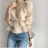 Women's Blouses & Shirts Vintage V-neck Flare Sleeve Polka Dot Women Blouse Elegant Front Buttons Slim Waist Ruffles Female Blusas CL383Wome