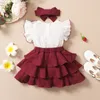 Girl Dresses Toddler Girls Sweet Dress Set Contrast Color Ruffled Round Collar Flying Sleeve A-line Cake Headband