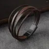 Bracelets de charme Bracelete de couro genuíno clássico Men de fivela magnética de aço inoxidável Multilayer trançado para joias de pulseira