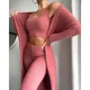 Vêtements de nuit pour femmes automne hiver doux moelleux trois pièces ensembles femmes sexy épaules nues hauts et pantalons longs homesuit cardigan décontracté