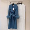 Women's Down Turn Collar Luxury Wool Coat för kvinnor Högkvalitativ avtagbar äkta päls manschett Long Jacko Casaco Feminino