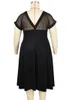 Plus Size Dresses Black Elegant Dress Women Sexy Pleated Short Sleeve Mesh Patchwork Hollow Out Blakless Female Curvy