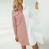 Casual Dresses Women Long Sleeve Colorblock Dress Lady Elegant Office Formal Button With Pocket 2023 Vestido Mujer A40