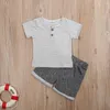 Set di abbigliamento CitgeeSummer Baby Boys Set casual T-shirt a maniche lunghe a righe grigie e pantaloncini blu scuro