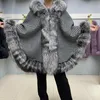 Scarves MS.MinShu Winter Women Oversize Shawl Real Fur Fashion Poncho Trimmed For Lady