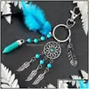 Portachiavi Dream Catcher Portachiavi Piuma blu Nappa Mano di Hamsa Evil Eye Portachiavi per auto da parete Decor appeso Amet Boho Gioielli 599 Q Dhqbu