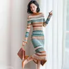 Casual Dresses Fall Winter Vintage Womens Female Turtleneck Patchwork Ruffles Knitted Sweater Dress Autumn Woman Slim Pencil Long