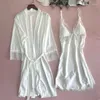 Женская одежда для сна, сексуальная кружевная лостота, 2PCS ROOT SET Women Faux Silk Nightgown Spaghetti Bess