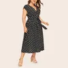 Plus Size Dresses Summer Women Dress Polka Dot Floral Print V Neck High Waist Sleeveless Belt Vintage Female Vestidos 2023