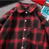 Men's Casual Shirts Autumn Winter Paid Pocket Long Sleeved Pullover Sweatshirts Top Black Red Green Turn-down Collar Polyester Plaid Blouse