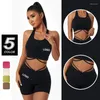 Active Set Private Label Hollow Out Strap Yoga Crop Top Bulift Biker Short Pants Gym Sportwear Two Pieces Set