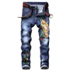 Ny stil mäns jeans byxor tiger huvud broderade smala raka manliga täta byxor trend blå motorcykel jeans streetwear c245b