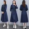 Casual Dresses Spring Autumn Women Dress Turn-Down Collar Single Button Sashes Slim Solid Md-long jeans för kvinnor denim