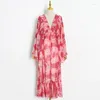 Casual jurken 2023 Autumn Chiffon Dress Women Fasion Flare Sleeve V-Neck High Taille Floral Flowing Ladies Robe