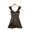 Casual Dresses Women Coffee Metal Hook Button Corset Style Ruffles Mini Sexy Dress Fashion Backless Female Bodycon Party Skater Sling Robe