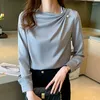 Kvinnors blusar koreanska mode veckade chiffongblus 2023 professionella kontor lady tops eleganta kvinnor långärmad skjorta