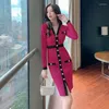 Casual Dresses Autumn Spring Knitted Plaid Dress Women Full Sleeve V-neck Pullover Sheath Buttons Midi Split Sweaters