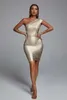 Casual Jurken 2023 Zomer Vrouwen Sexy Enkele Schouder Korte Mouw Goud Zilver Bodycon Bandage Jurk Elegante Avond Club Party