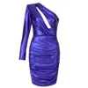 Casual Dresses Beaukey Sexig kvinna Blue One Shoulder Hollow Out Dress Celebrity Mini BodyCon Party Club Draped Vestidos