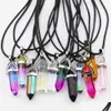 Pendant Necklaces Rainbow Glass Hexagonal Column Point Leather Cord Necklace Cylindrical Charms Minerals Healing Crystal Jewelry Dro Dh4Ya