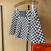 スカートHecisuz Women's Skirt 2023 Summer Checkerboard Plaid High-Waisted Anti-Glareプリーツシンプルなファッションカジュアルショート