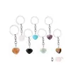Konst och hantverk Rose Pink Natural Heart Stone Keychain Crystal Quartz Healing Chakra Key Chain Ring Keyring Jewelry Gift Drop Delive Dhdng