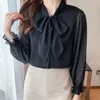 Kvinnors blusar French Black White Long Sleeve Shirt Blusas Bow Kvinna V-ringning Chiffon Tops Mujer Elegantes Fashion Clothing Women 1588