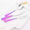 Dinnerware Sets 4Pcs Silver Cutlery Set Knife Fruit Fork Tea Spoon Colorful Handle Stainless Steel Tableware Party Kitchen Tool