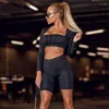 Tracksuits voor dames 2023 Sexy strak pak zwarte bodysuit lange mouw ruches tweedelig set dame feestclub korset top jogging leggings broek