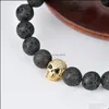 Beaded Strands Top Quality Lava Rock Beaded Chain Bracelet Black Natural Energy Stone With Gold Skl Skeleton Charm Bangle For Women Otmug