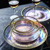 Din sets Dazzle Color Glass Flat Bord Salatiekom Goud rand Westelijke lade Steak Snach Derees Fruit Bowls Container 1 stks