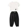 Kläderuppsättningar Tracksuit för barn 2023 Korea Summer Little Girl Solid Color T-shirt Pants Two-Piece Suit Boutique 13 14 Year Clothes