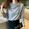 Kvinnors blusar koreanska mode veckade chiffongblus 2023 professionella kontor lady tops eleganta kvinnor långärmad skjorta