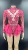 Sahne Giyim Kadınlar Seksi Pembe Kırmızı Rhinestone Partisi Bodysuit Elastik Mesh Çırpma Kristal Gece Kulübü DJDS Dancer Leotard