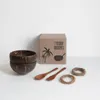 Skålar naturliga kokosnötskål set kit med sked gaffel skal glid ring sallad nudel ris frukt förvaring bordsvarning kök verktyg