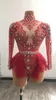 Sahne Giyim Kadınlar Seksi Pembe Kırmızı Rhinestone Partisi Bodysuit Elastik Mesh Çırpma Kristal Gece Kulübü DJDS Dancer Leotard