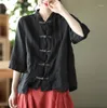 レディースブラウススプリングチャイニーズスタイルシャツ女性2023ソリッドカラーシングルカエルボタンポケット