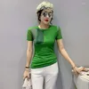 Women's T Shirts Summer Green Mesh Shirt Women Short Sleeve O-neck Sexy Tight Basic Female Elastic Korean Fashion Tee Femme