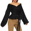 Women's Blouses Women Vintage Lantern Sleeve Shirts Sexy Off Shoulder Wrap V-Neck Solid Color Blouse Tie Waist Bowknot Ruffle Hem Casual