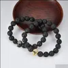 Beaded Strands Top Quality Lava Rock Beaded Chain Bracelet Black Natural Energy Stone With Gold Skl Skeleton Charm Bangle For Women Otmug