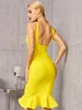 Vestidos casuales al por mayor de las mujeres correa de espagueti amarilla con cuello en V sexy sin espalda sirena noche celebridad cóctel vestido del vendaje
