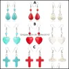 Dangle Chandelier 3 paires / ensemble boucles d'oreilles turquoise faites à la main vintage pour femmes rétro larme coeur croix style ethnique bijoux W Dhcta