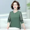 Blouses femininas 2023 Mulheres maduras maduras Purple Green Lace Contrast Design Round Ncond Manga Longa cor lisa Top chique de roupas elegantes